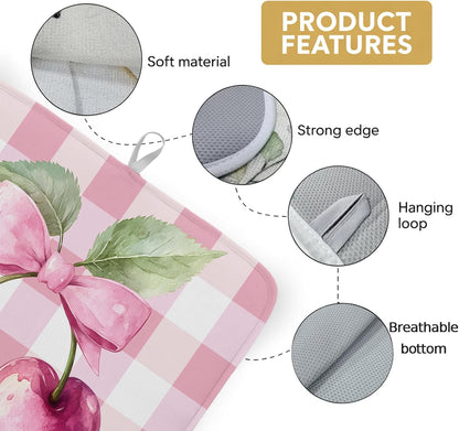 Dish Drying Mat Pink Bow Cherry Kitchen Counter Drying Pad for Dishes Glasses Cups and Cookware Pink White Check Absorbent Dish Drying Mat Machine Washable Kitchen Accessories 16" x 18"