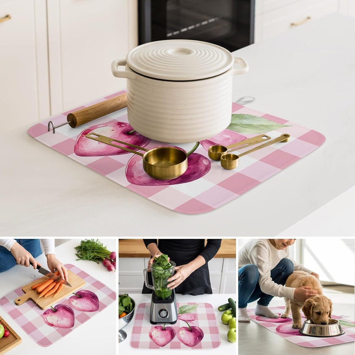 Dish Drying Mat Pink Bow Cherry Kitchen Counter Drying Pad for Dishes Glasses Cups and Cookware Pink White Check Absorbent Dish Drying Mat Machine Washable Kitchen Accessories 16" x 18"