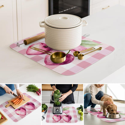 Dish Drying Mat Pink Bow Cherry Kitchen Counter Drying Pad for Dishes Glasses Cups and Cookware Pink White Check Absorbent Dish Drying Mat Machine Washable Kitchen Accessories 16" x 18"
