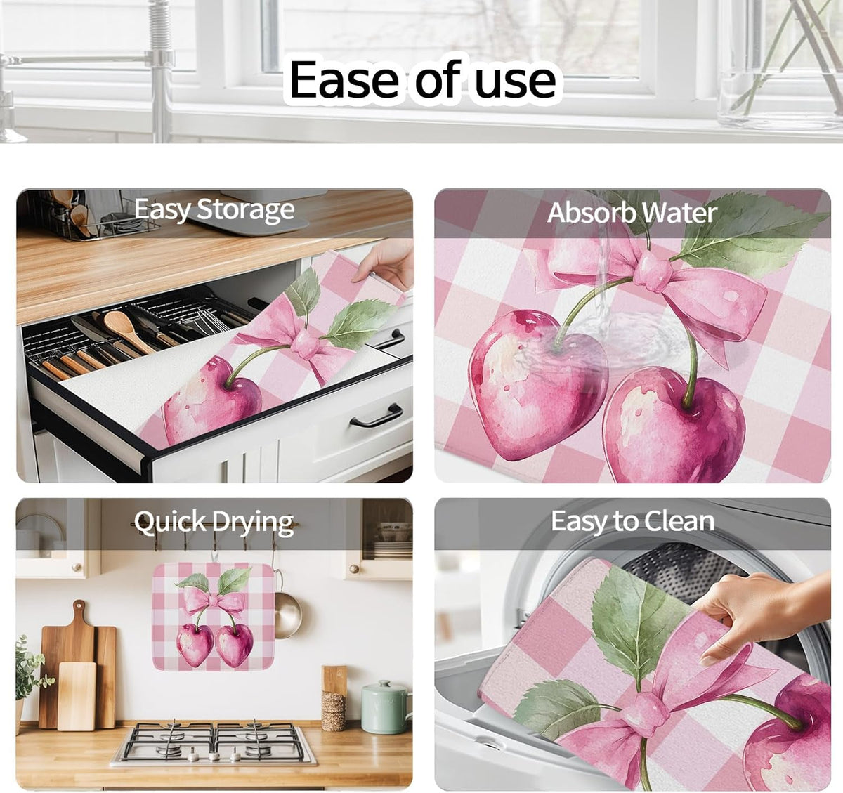 Dish Drying Mat Pink Bow Cherry Kitchen Counter Drying Pad for Dishes Glasses Cups and Cookware Pink White Check Absorbent Dish Drying Mat Machine Washable Kitchen Accessories 16" x 18"