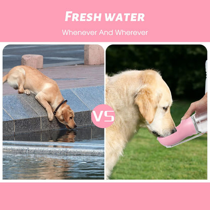 Dog Water Bottle, Leak Proof Portable Puppy Water Dispenser with Drinking Feeder for Pets Outdoor Walking, Hiking, Travel, Food Grade Plastic (19oz Pink)