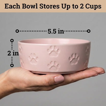 Ceramic Dog Bowl Set of 2 with Anti-Skid Base, 5.5"W x 2"H, 2 Cup Capacity | Thick Ceramic, Dishwasher Safe, Anti-Skid Rubber Base, 2 Cups per Bowl, Ceramic Food and Water Bowls Set of 2 for Small Dogs