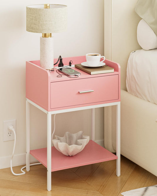 Nightstand with Charging Station,3-Tier Modern Bedside Night Stand with Storage Drawer and Shelf,Small End Side Table for Bedroom,Living Room,Pink and White