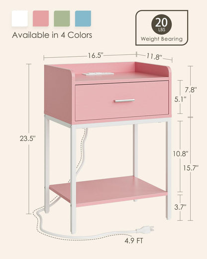 Nightstand with Charging Station,3-Tier Modern Bedside Night Stand with Storage Drawer and Shelf,Small End Side Table for Bedroom,Living Room,Pink and White