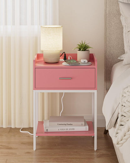 Nightstand with Charging Station,3-Tier Modern Bedside Night Stand with Storage Drawer and Shelf,Small End Side Table for Bedroom,Living Room,Pink and White