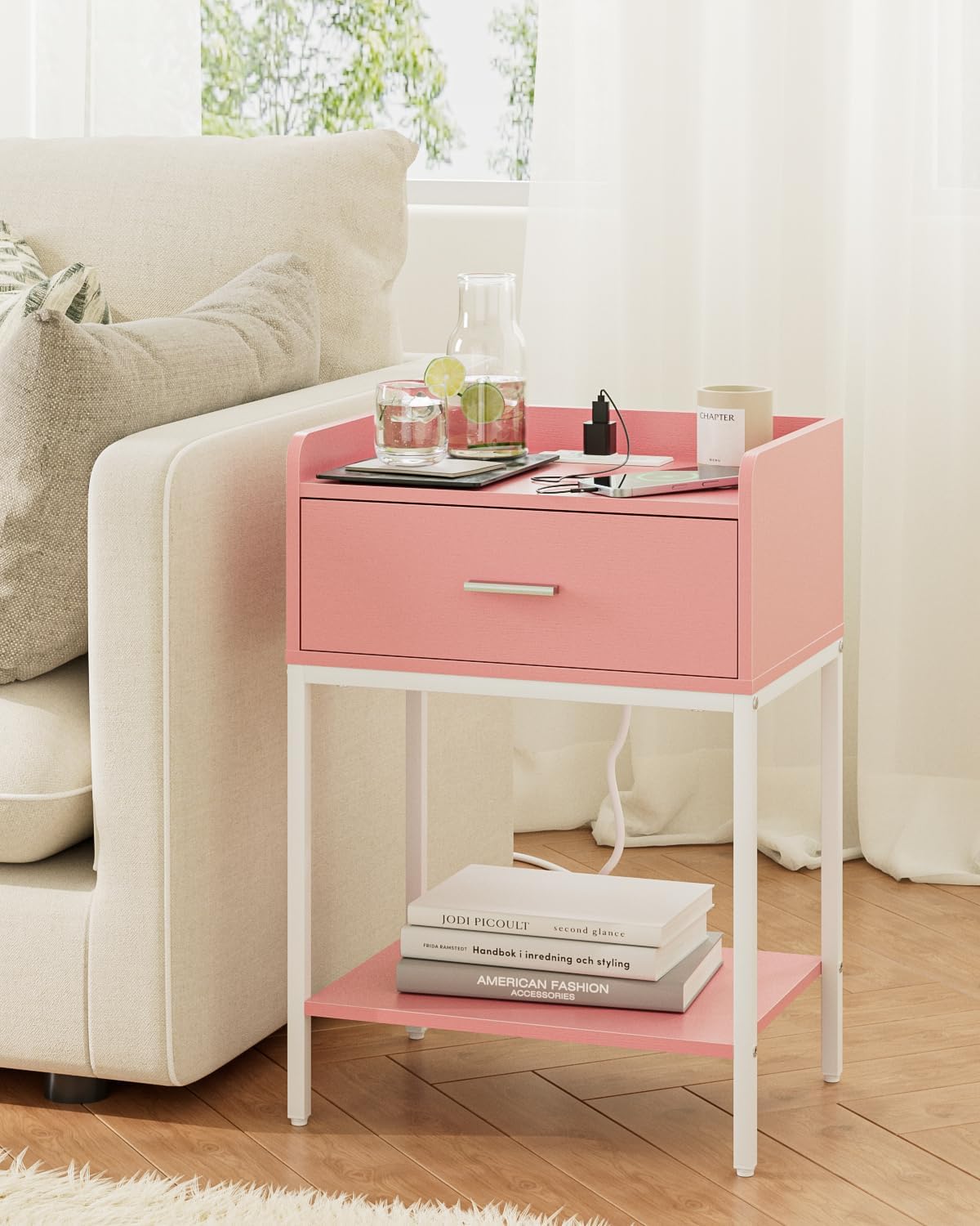 Nightstand with Charging Station,3-Tier Modern Bedside Night Stand with Storage Drawer and Shelf,Small End Side Table for Bedroom,Living Room,Pink and White