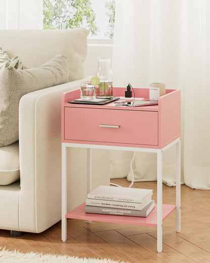 Nightstand with Charging Station,3-Tier Modern Bedside Night Stand with Storage Drawer and Shelf,Small End Side Table for Bedroom,Living Room,Pink and White