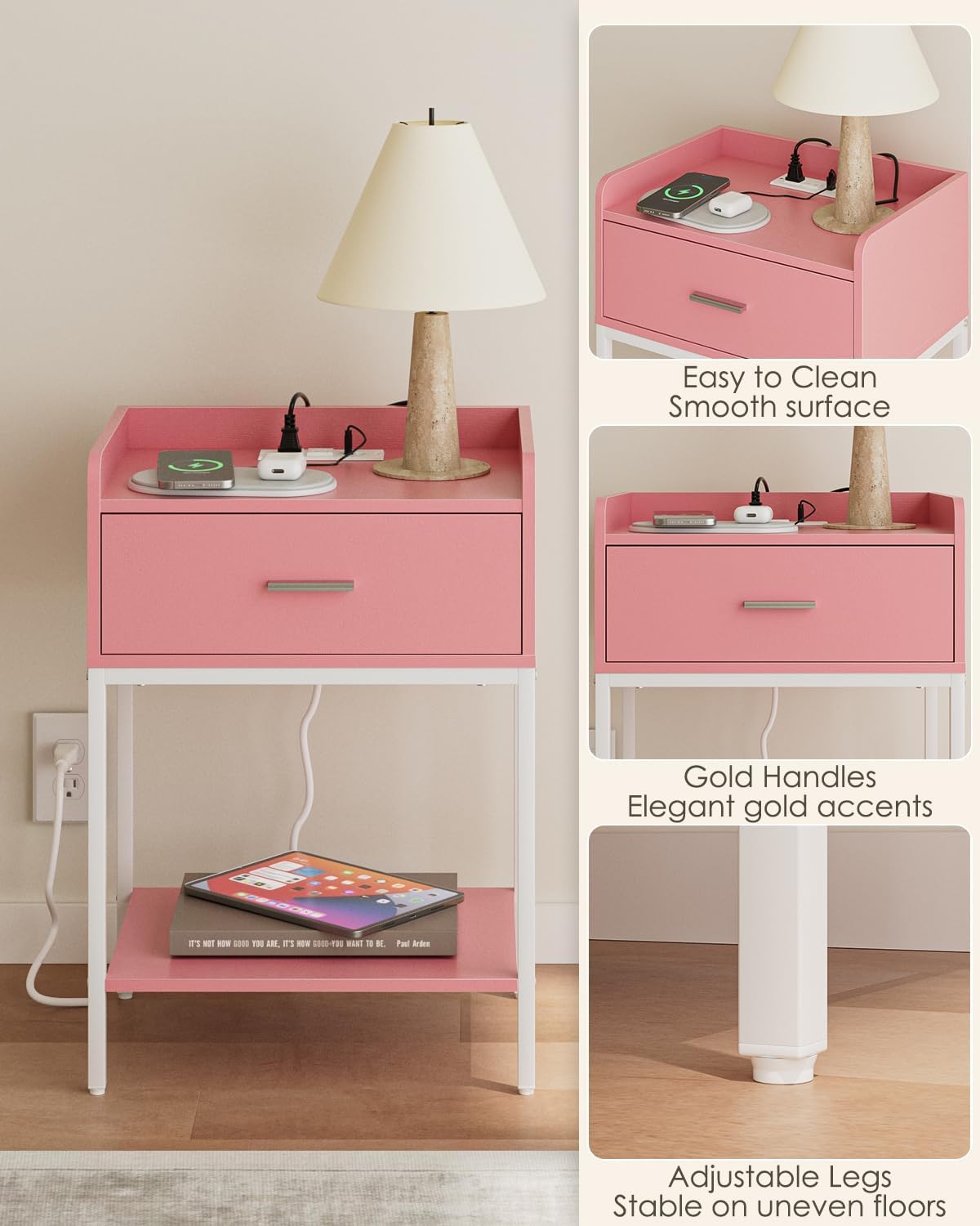 Nightstand with Charging Station,3-Tier Modern Bedside Night Stand with Storage Drawer and Shelf,Small End Side Table for Bedroom,Living Room,Pink and White
