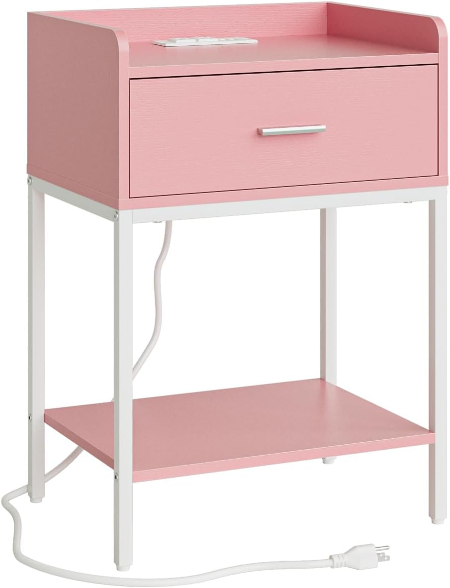 Nightstand with Charging Station,3-Tier Modern Bedside Night Stand with Storage Drawer and Shelf,Small End Side Table for Bedroom,Living Room,Pink and White