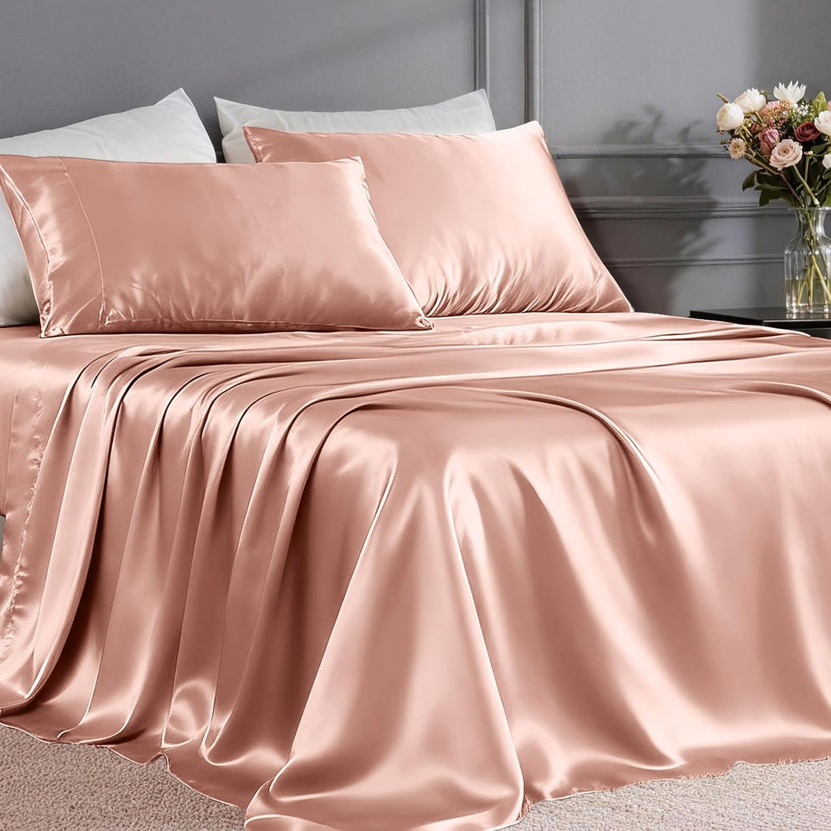 Satin Sheets Twin Size Bed Set - 3 Piece Luxury Soft Silky Twin Bed Sheets, Similar to Silk Sheet Set with 1 Deep Pocket Fitted Sheet, 1 Flat Sheet & 1 Pillowcase (Blush)