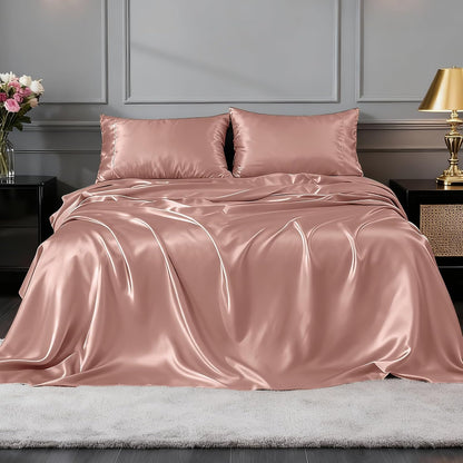 Satin Sheets Twin Size Bed Set - 3 Piece Luxury Soft Silky Twin Bed Sheets, Similar to Silk Sheet Set with 1 Deep Pocket Fitted Sheet, 1 Flat Sheet & 1 Pillowcase (Blush)
