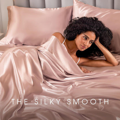 Satin Sheets Twin Size Bed Set - 3 Piece Luxury Soft Silky Twin Bed Sheets, Similar to Silk Sheet Set with 1 Deep Pocket Fitted Sheet, 1 Flat Sheet & 1 Pillowcase (Blush)