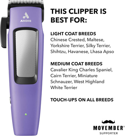 Andis Easy Clip Adjustable Blade Cordless II Dog Clipper, 10 Piece Kit, Lithium-Ion Battery, Purple, 560017