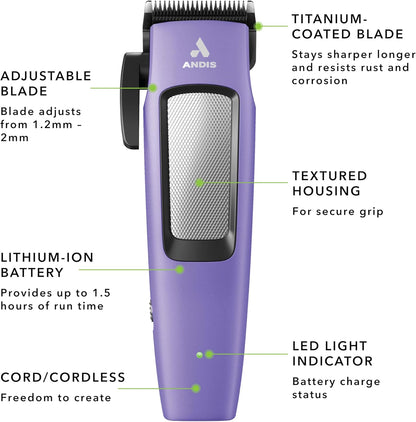 Andis Easy Clip Adjustable Blade Cordless II Dog Clipper, 10 Piece Kit, Lithium-Ion Battery, Purple, 560017
