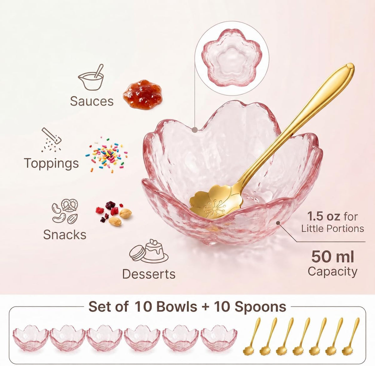 Soy Sauce Dishes, Purple Pink Glass, Cherry Blossom, 1.5 oz, Set of 10