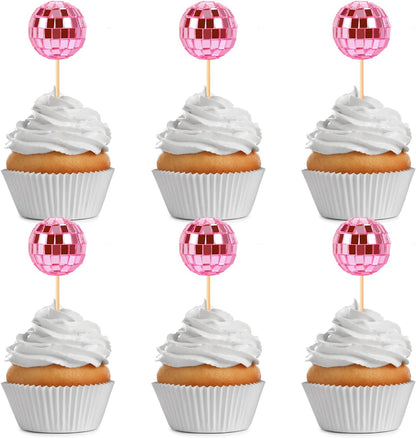 24 PCS Pink Disco Ball Cupcake Toppers Disco Ball Cupcake Picks Reflective Mirror Ball Cake Toppers Disco Table Decorations for 70s Disco Theme Birthday Party Christmas Decorations