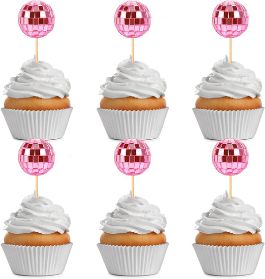 24 PCS Pink Disco Ball Cupcake Toppers Disco Ball Cupcake Picks Reflective Mirror Ball Cake Toppers Disco Table Decorations for 70s Disco Theme Birthday Party Christmas Decorations