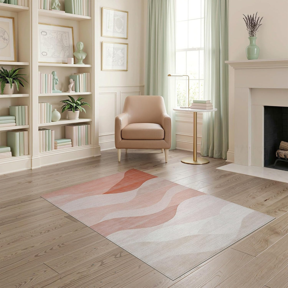 4'x6' Cream Pastel Blush Flowing Wave Design Washable Area Rug