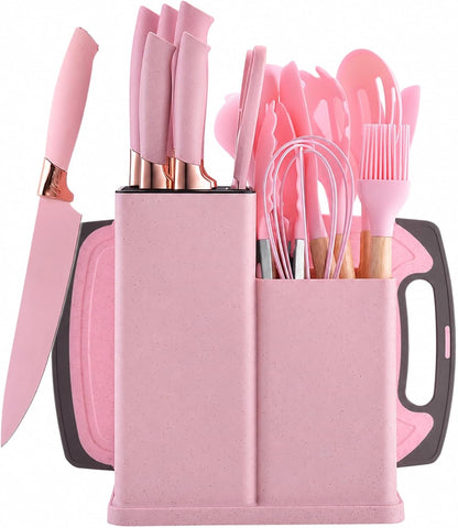 19-Piece Pink Kitchen Set for First Apartment - Complete Silicone Cooking Utensils with Wooden Handles, Pink Knife Set, Cutting Board & Holder - All-in-One Kitchen Starter Kit for New Home, BPA-Free