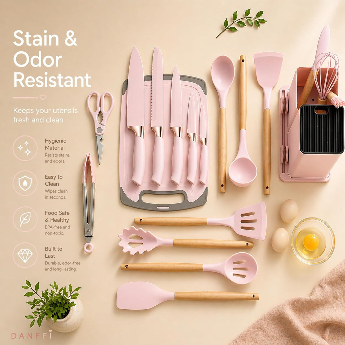 19-Piece Pink Kitchen Set for First Apartment - Complete Silicone Cooking Utensils with Wooden Handles, Pink Knife Set, Cutting Board & Holder - All-in-One Kitchen Starter Kit for New Home, BPA-Free