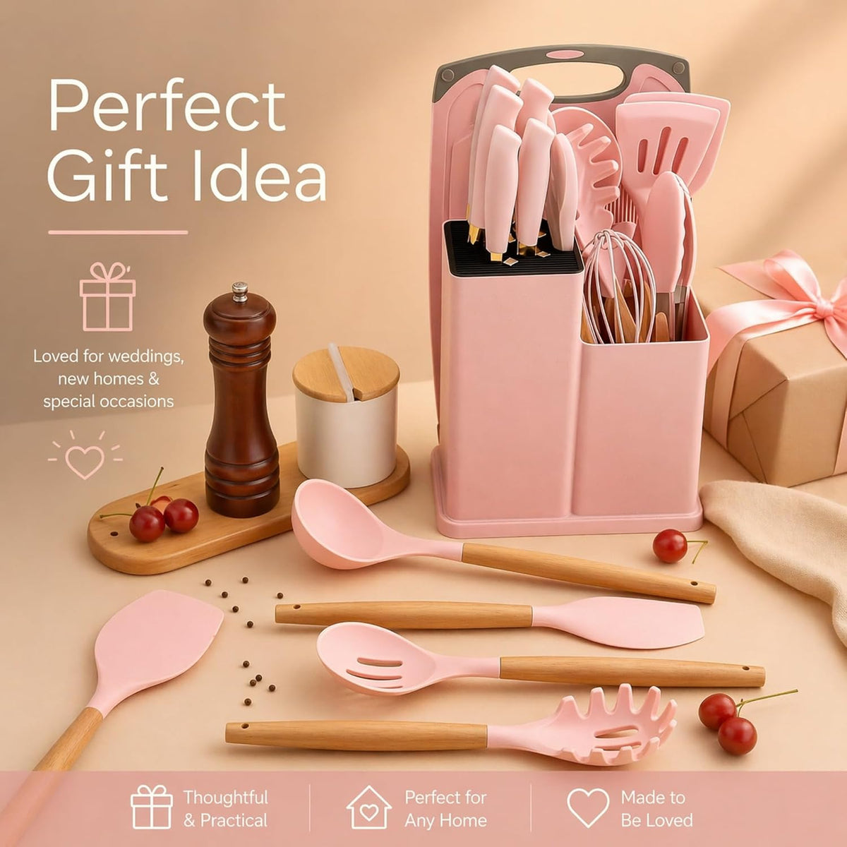 19-Piece Pink Kitchen Set for First Apartment - Complete Silicone Cooking Utensils with Wooden Handles, Pink Knife Set, Cutting Board & Holder - All-in-One Kitchen Starter Kit for New Home, BPA-Free