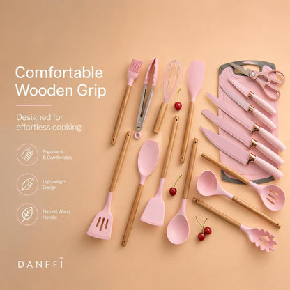 19-Piece Pink Kitchen Set for First Apartment - Complete Silicone Cooking Utensils with Wooden Handles, Pink Knife Set, Cutting Board & Holder - All-in-One Kitchen Starter Kit for New Home, BPA-Free