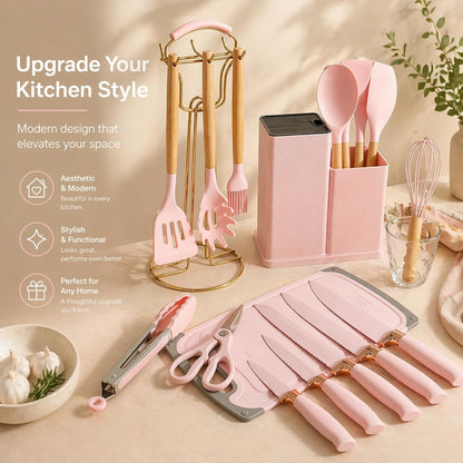 19-Piece Pink Kitchen Set for First Apartment - Complete Silicone Cooking Utensils with Wooden Handles, Pink Knife Set, Cutting Board & Holder - All-in-One Kitchen Starter Kit for New Home, BPA-Free