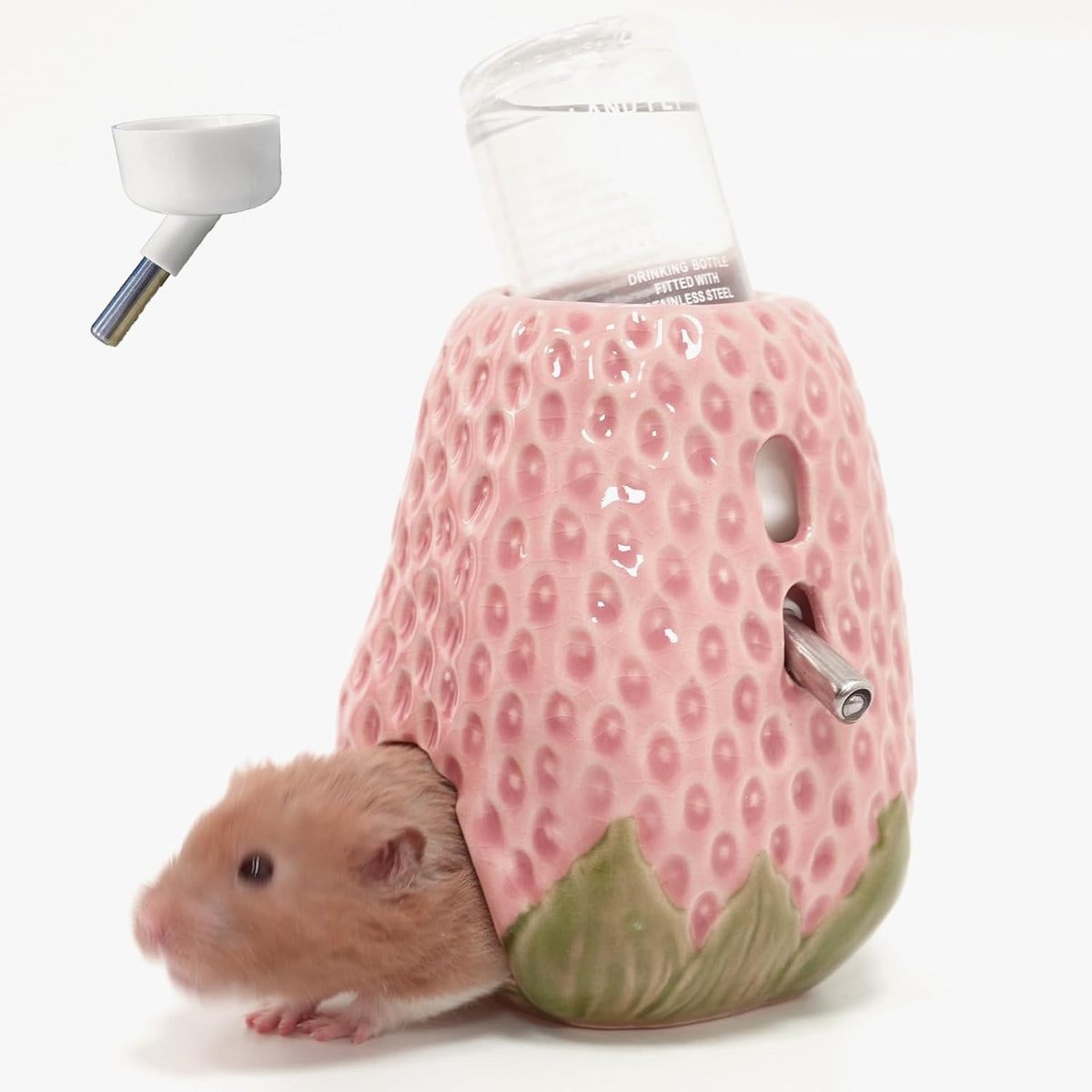 Adjustable No-Drip Pink Strawberry Ceramic Hamster Water Bottle