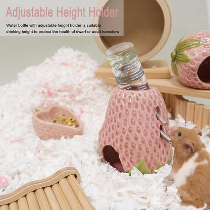 Adjustable No-Drip Pink Strawberry Ceramic Hamster Water Bottle