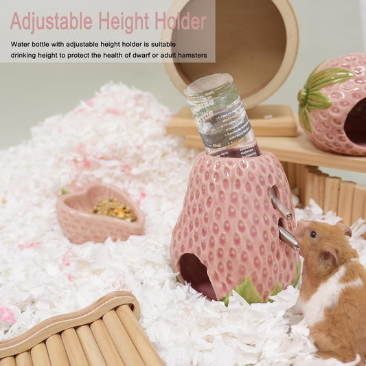 Adjustable No-Drip Pink Strawberry Ceramic Hamster Water Bottle