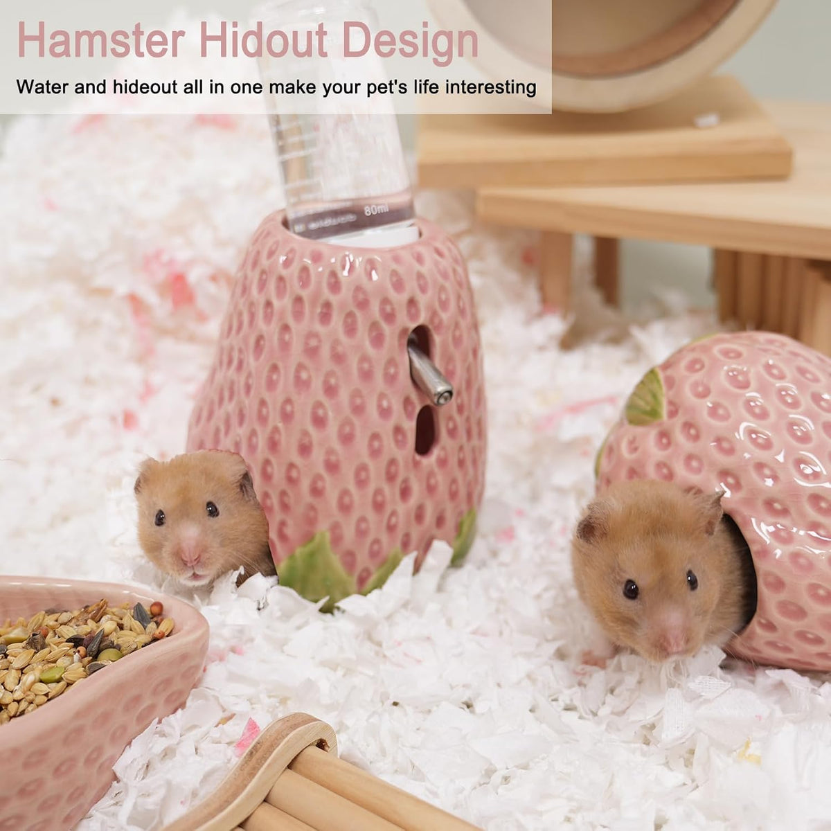 Adjustable No-Drip Pink Strawberry Ceramic Hamster Water Bottle