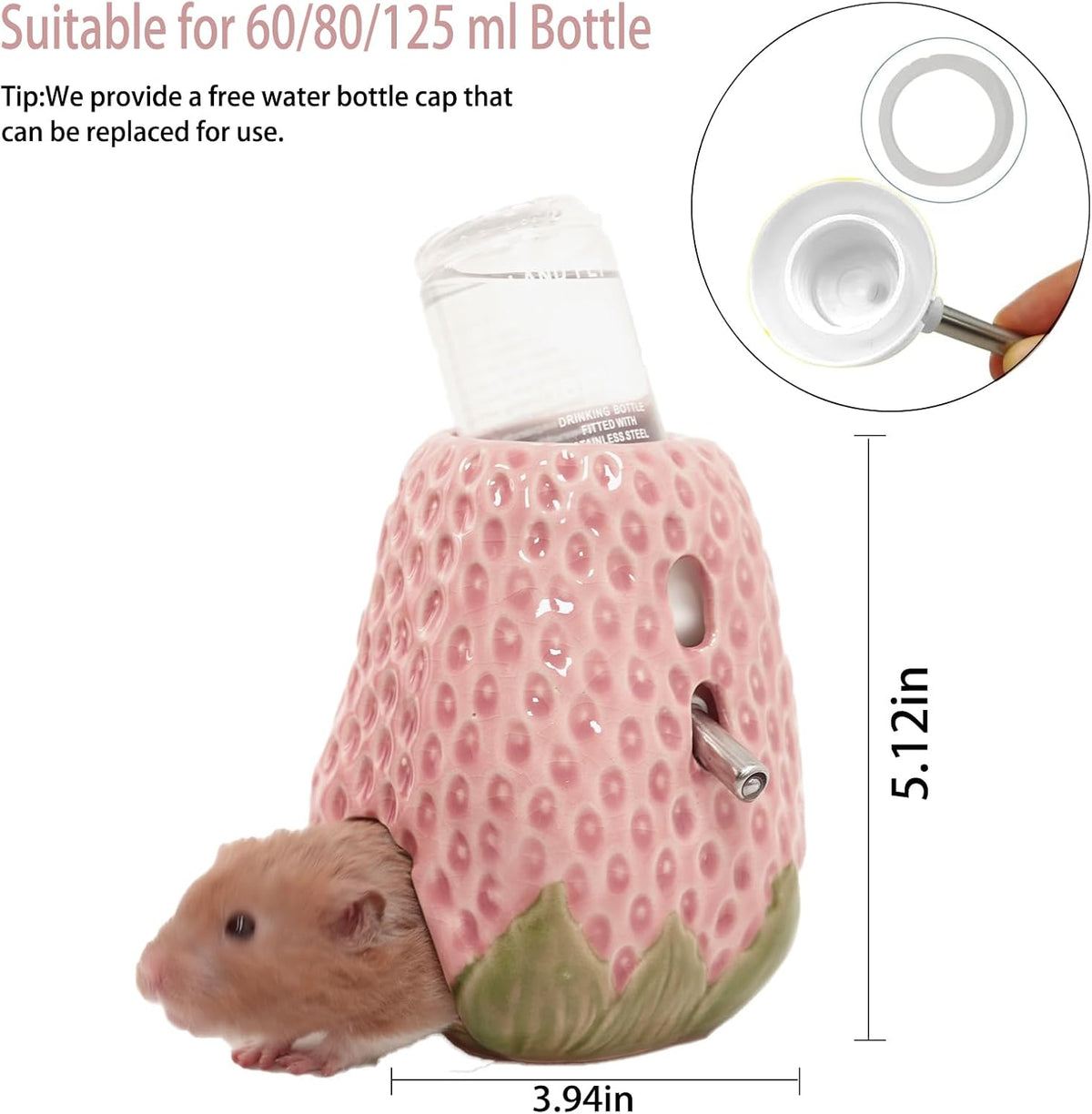 Adjustable No-Drip Pink Strawberry Ceramic Hamster Water Bottle