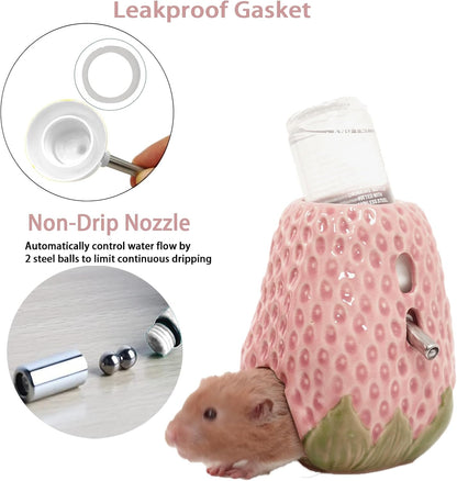 Adjustable No-Drip Pink Strawberry Ceramic Hamster Water Bottle