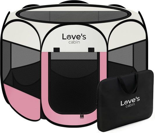 Pet Puppy Dog Playpen, Small Dog Tent Crates Cage Indoor/Outdoor, Portable Playpen for Cat, Foldable Pop Up Dog Kennel Playpen with Carring Case, Removable Zipper Top, Light Pink