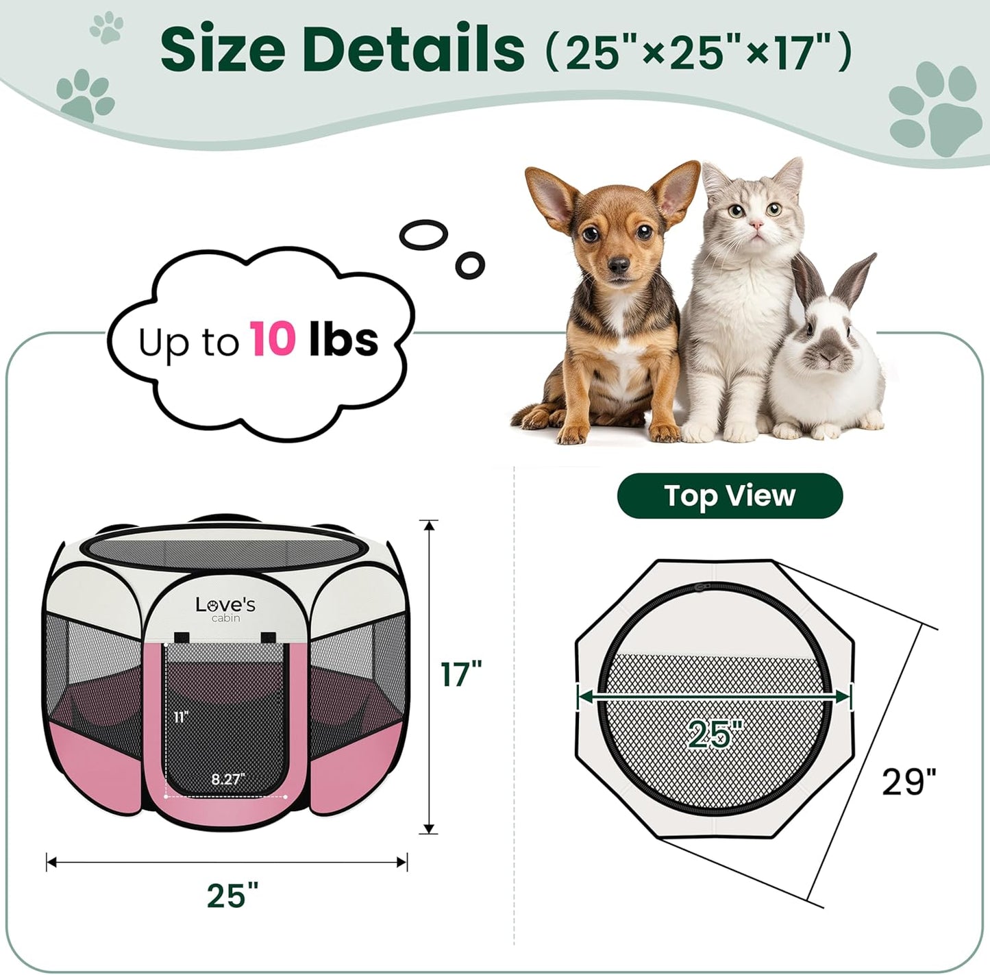 Pet Puppy Dog Playpen, Small Dog Tent Crates Cage Indoor/Outdoor, Portable Playpen for Cat, Foldable Pop Up Dog Kennel Playpen with Carring Case, Removable Zipper Top, Light Pink