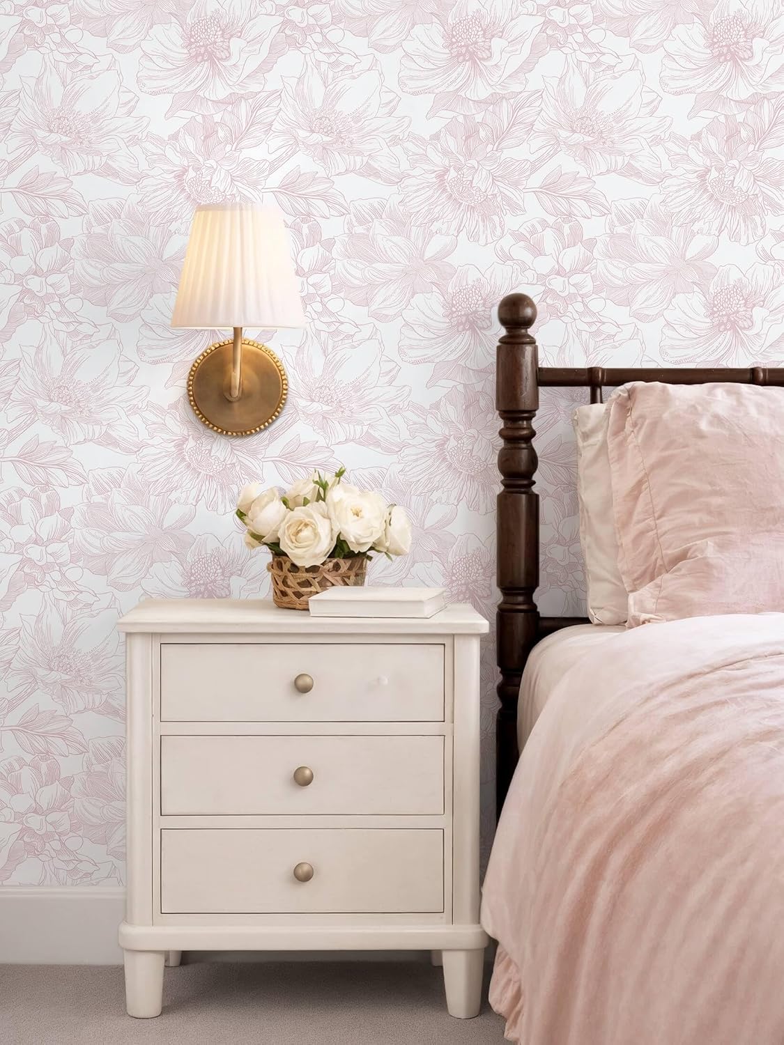 Large Floral Peel and Stick Wallpaper Boho White/Pink Contact Paper 17.3inx6.5ft Removable Self Adhesive Bedroom Cabinet Mural Wall Decor Vinyl Roll