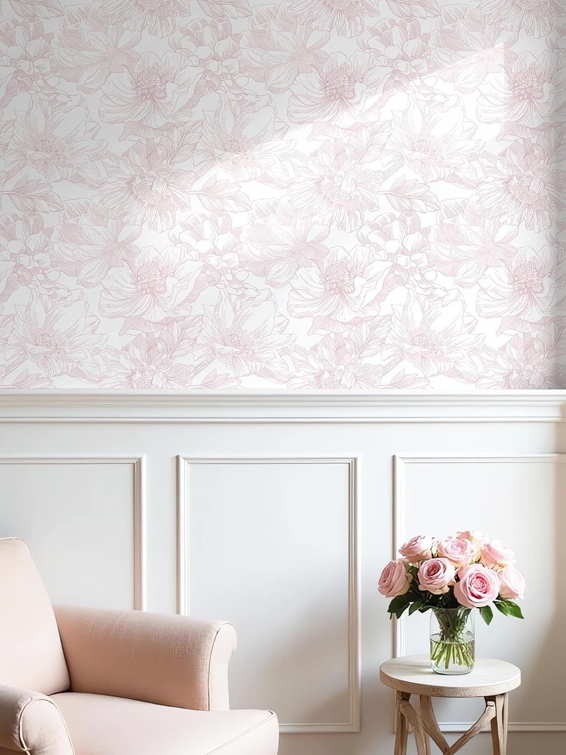 Large Floral Peel and Stick Wallpaper Boho White/Pink Contact Paper 17.3inx6.5ft Removable Self Adhesive Bedroom Cabinet Mural Wall Decor Vinyl Roll