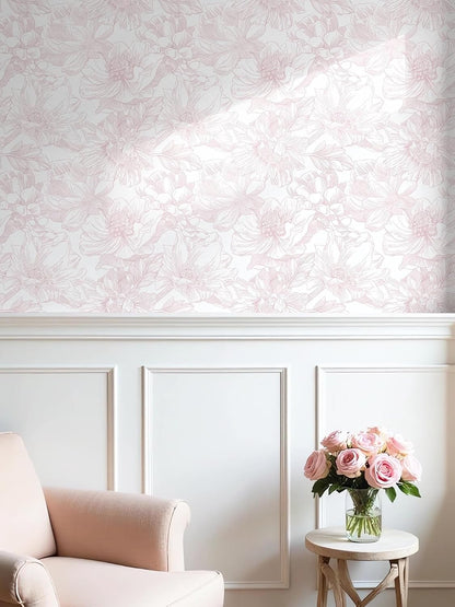 Large Floral Peel and Stick Wallpaper Boho White/Pink Contact Paper 17.3inx6.5ft Removable Self Adhesive Bedroom Cabinet Mural Wall Decor Vinyl Roll