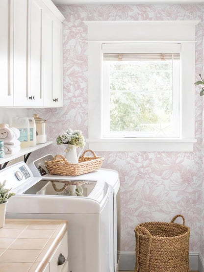Large Floral Peel and Stick Wallpaper Boho White/Pink Contact Paper 17.3inx6.5ft Removable Self Adhesive Bedroom Cabinet Mural Wall Decor Vinyl Roll