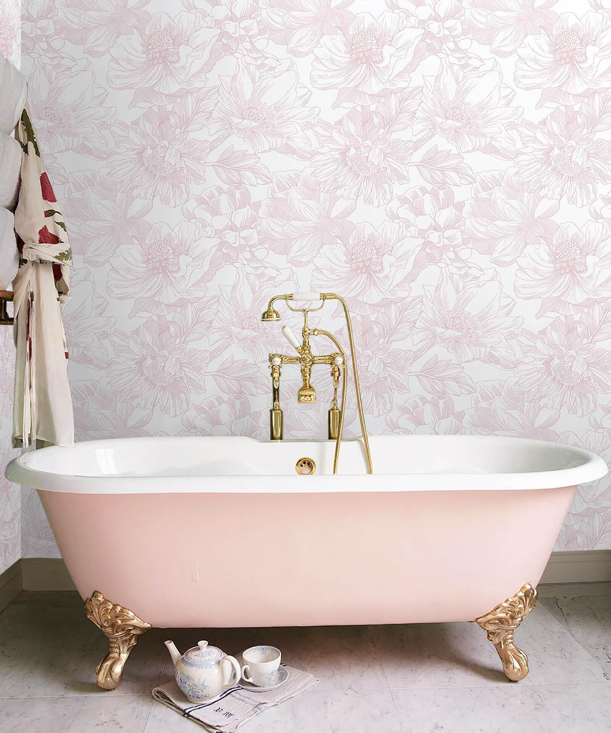 Large Floral Peel and Stick Wallpaper Boho White/Pink Contact Paper 17.3inx6.5ft Removable Self Adhesive Bedroom Cabinet Mural Wall Decor Vinyl Roll