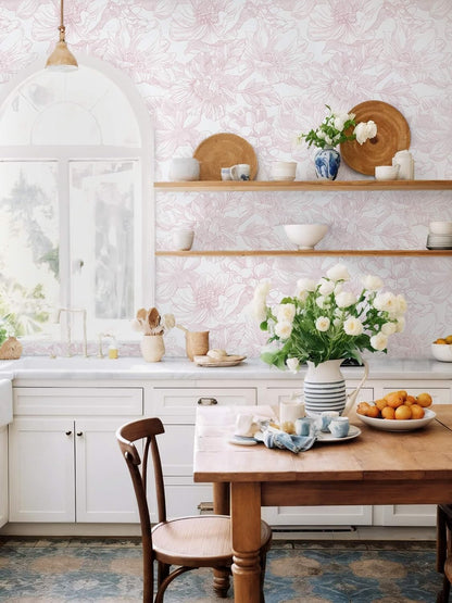 Large Floral Peel and Stick Wallpaper Boho White/Pink Contact Paper 17.3inx6.5ft Removable Self Adhesive Bedroom Cabinet Mural Wall Decor Vinyl Roll