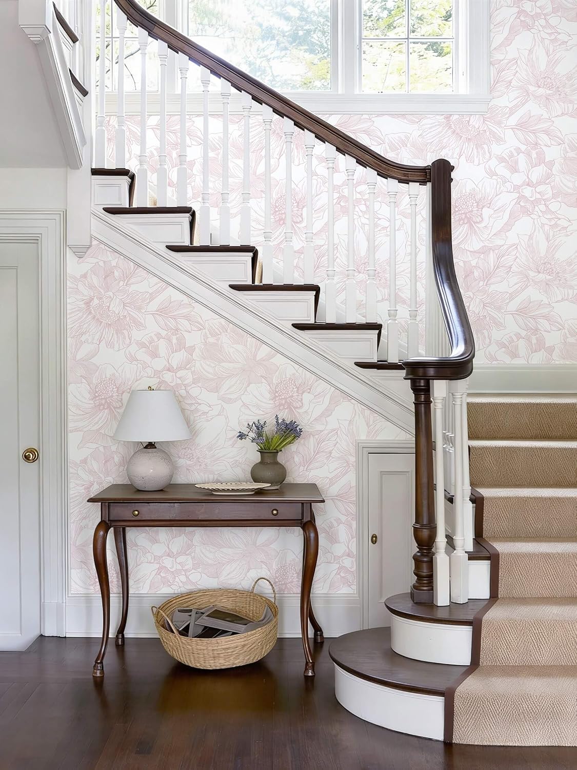 Large Floral Peel and Stick Wallpaper Boho White/Pink Contact Paper 17.3inx6.5ft Removable Self Adhesive Bedroom Cabinet Mural Wall Decor Vinyl Roll