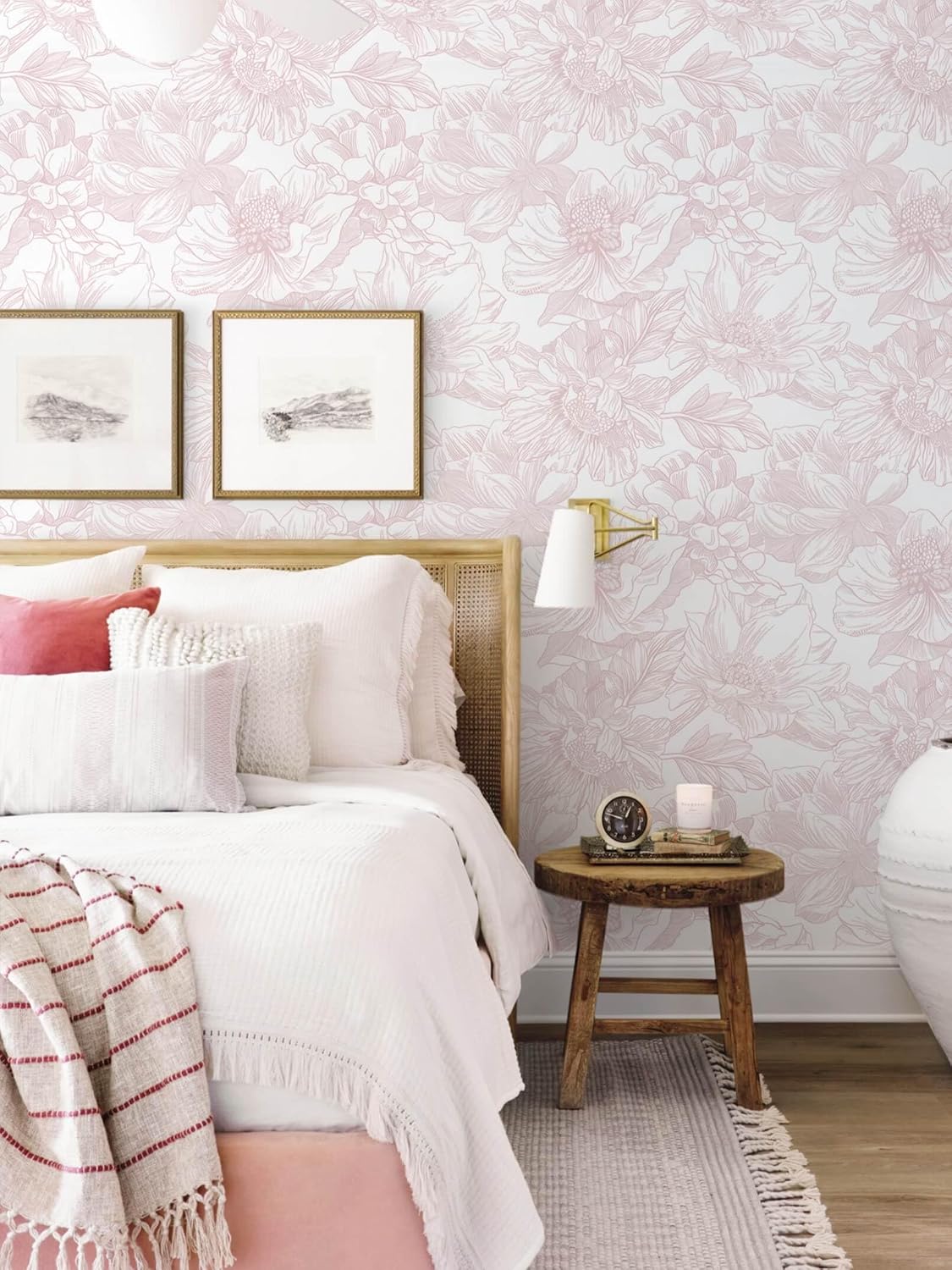 Large Floral Peel and Stick Wallpaper Boho White/Pink Contact Paper 17.3inx6.5ft Removable Self Adhesive Bedroom Cabinet Mural Wall Decor Vinyl Roll