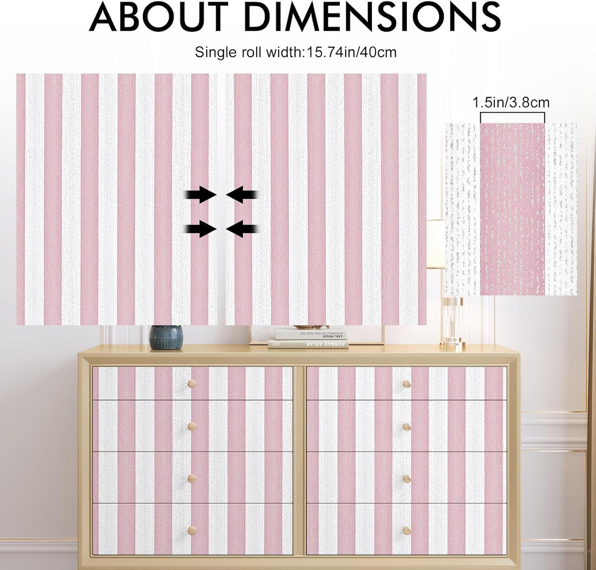 Pink Stripe Peel and Stick Wallpaper 15.7" x 118" Pink and White Self-Adhesive Wallpaper Removable Waterproof Contact Paper for Cabinets,Bedroom,Nursery,Accent Wall