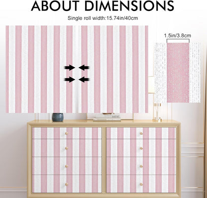 Pink Stripe Peel and Stick Wallpaper 15.7" x 118" Pink and White Self-Adhesive Wallpaper Removable Waterproof Contact Paper for Cabinets,Bedroom,Nursery,Accent Wall