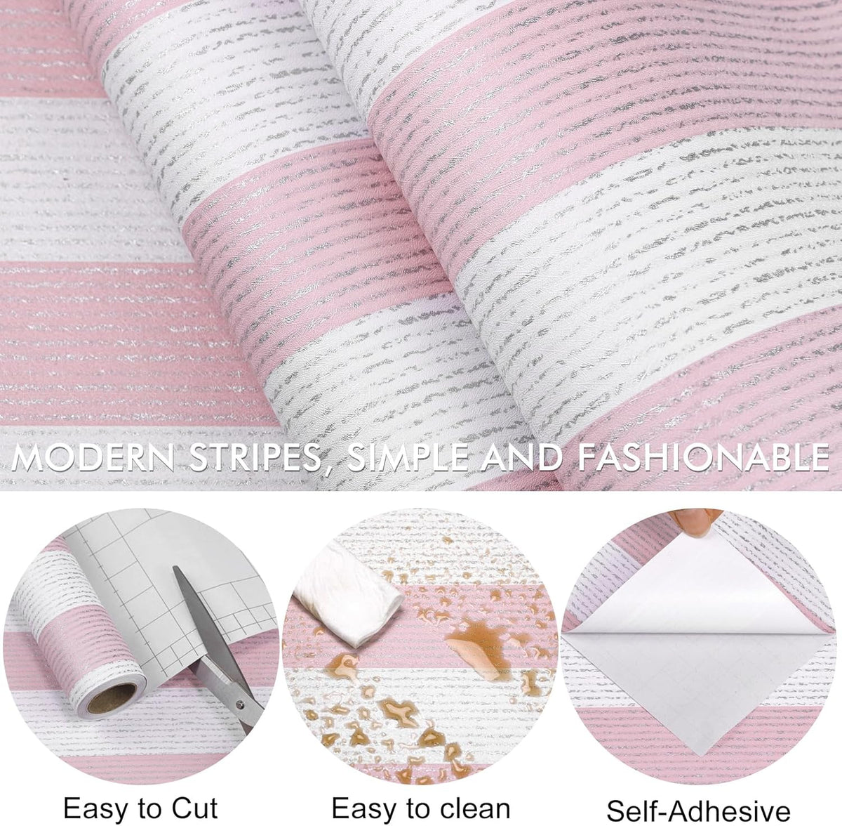 Pink Stripe Peel and Stick Wallpaper 15.7" x 118" Pink and White Self-Adhesive Wallpaper Removable Waterproof Contact Paper for Cabinets,Bedroom,Nursery,Accent Wall