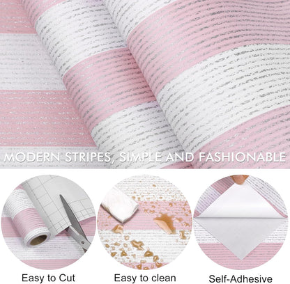 Pink Stripe Peel and Stick Wallpaper 15.7" x 118" Pink and White Self-Adhesive Wallpaper Removable Waterproof Contact Paper for Cabinets,Bedroom,Nursery,Accent Wall