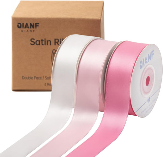 Pink Double Face Satin Ribbon 1 Inch x 45 Yards White Fabric Ribbon for Gift Wrapping, Flower Bouquets, Hair Bows Making, Wedding Decoration, Invitation Cards, Valentine's Day (3 Rolls *15Yd)
