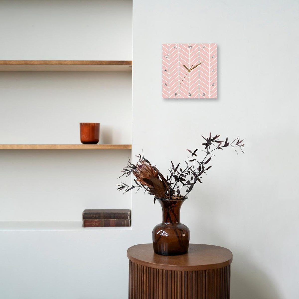 Coral Pink Herringbone Pattern - Modern Arrow Feather Inspired Design 13x13 Wall Clock