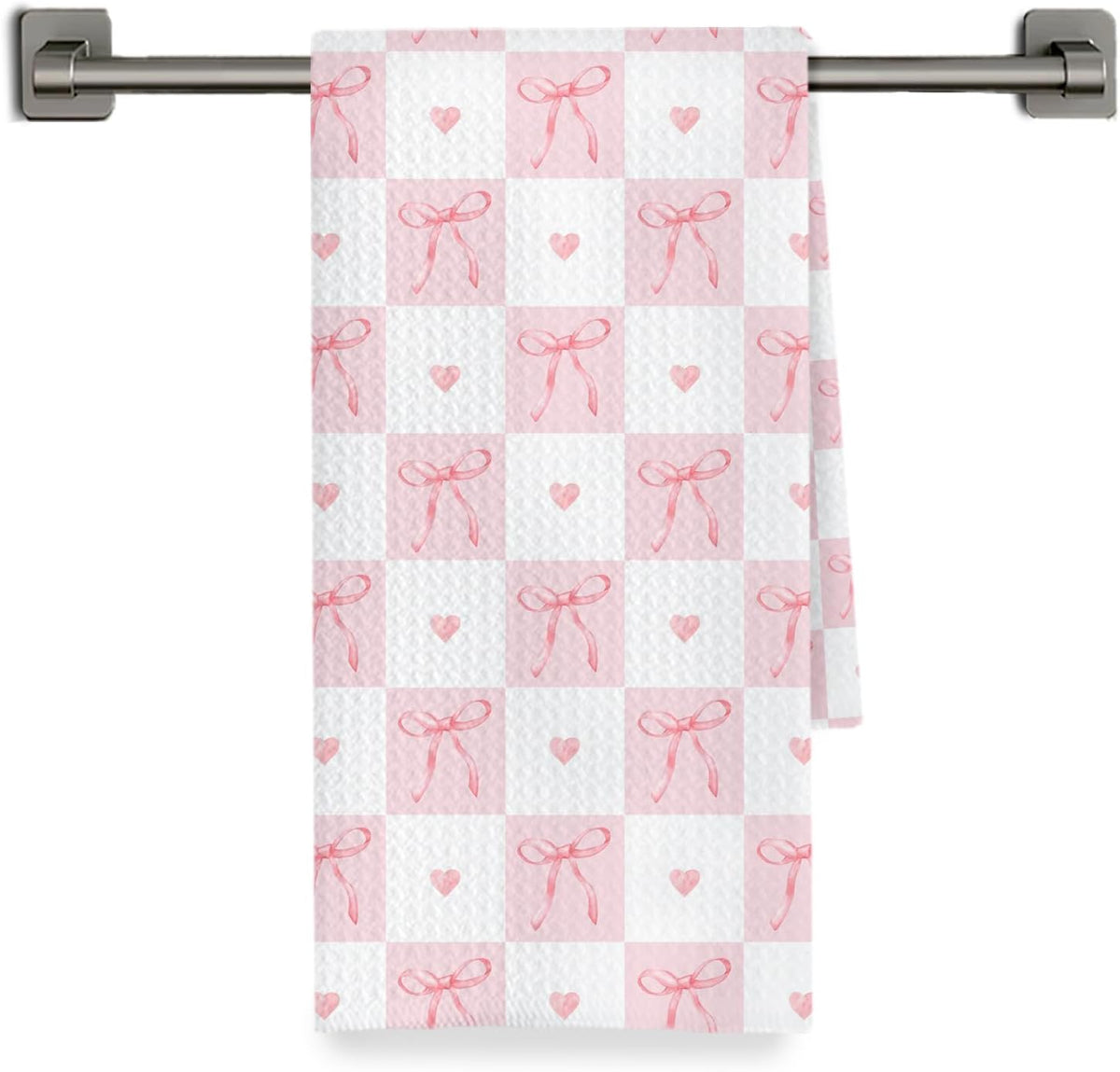 Coquette Pink Bow Checkered Kitchen Towels Decorative, Preppy Girly Ribbon Bow Dish Hand Tea Towels, Aesthetic Pink Kitchen Bathroom Decor, 16x24 Inch